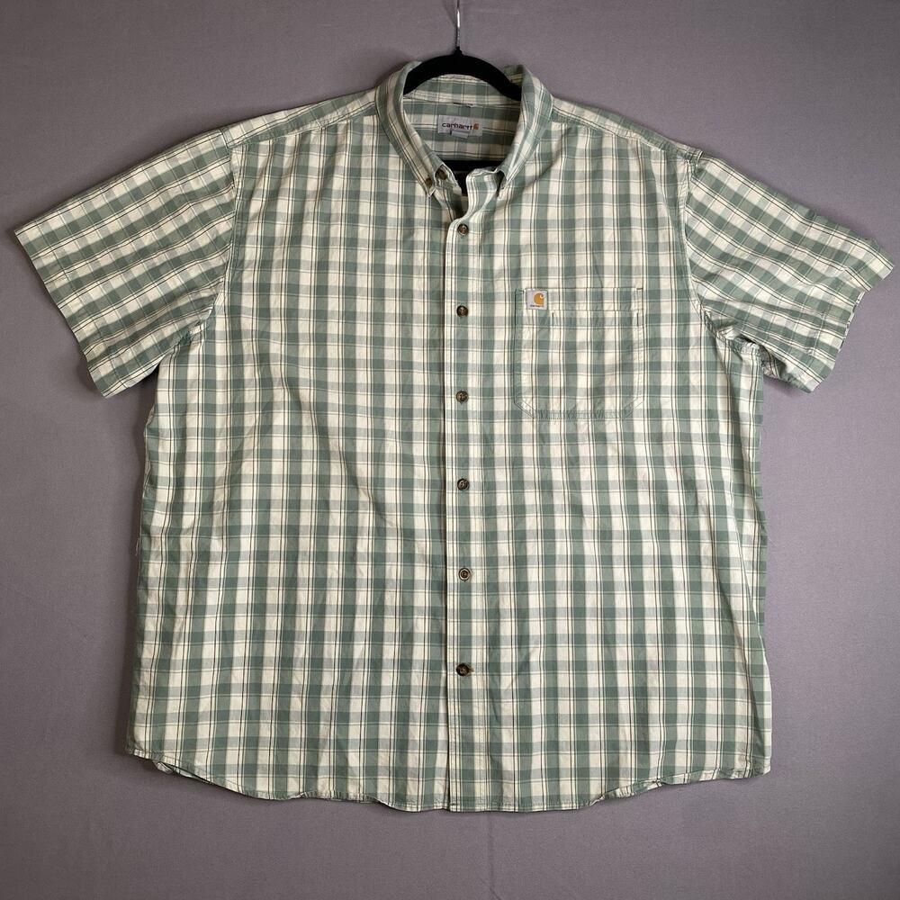 Carhartt Shirt Mens 2XL Green White Plaid Short Sleeve Button Down Relaxed Fit